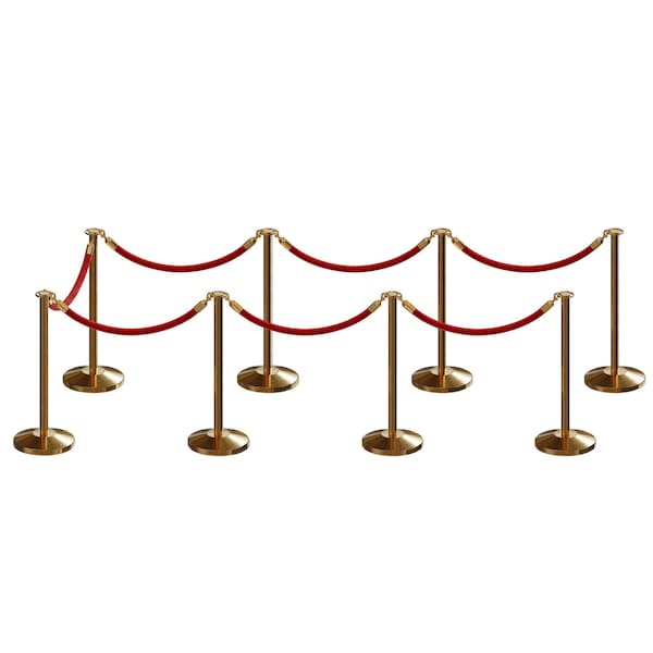 Montour Line Stanchion Post and Rope Kit Sat.Brass, 8 Flat Top 7 Red Rope C-Kit-8-SB-FL-7-PVR-RD-PB